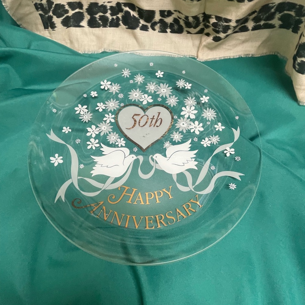 50th Anniversary Glass Plate with Gold and White Accents